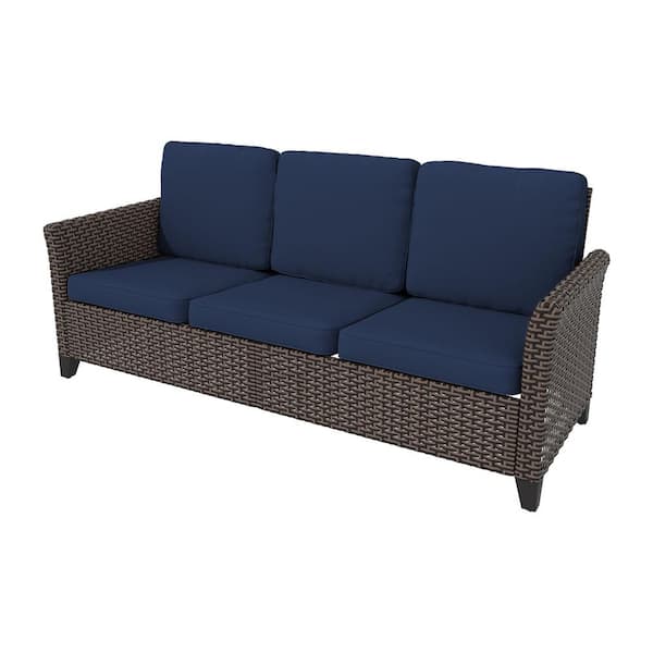 3-Seat Wicker Outdoor Patio Sofa Sectional Couch with Blue Cushions