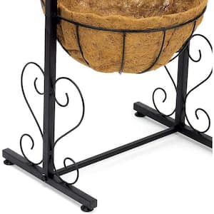 17.75 in. L x 13 in. W x 34.87 in. H Black Metal Welcome Planter Basket Stand with Coco Liner