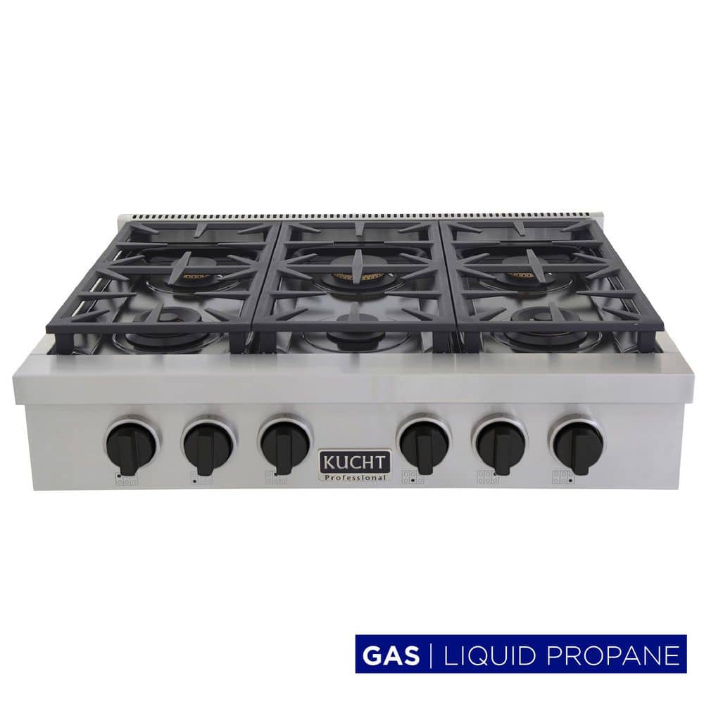 Professional 36 in. Liquid Propane Range Top in Stainless Steel and Tuxedo Black Knobs with 6 Burners