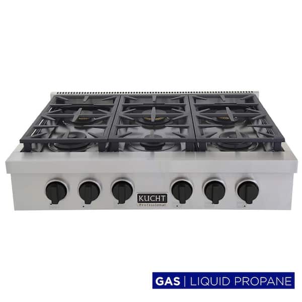 Professional 36 in. Liquid Propane Range Top in Stainless Steel and Tuxedo Black Knobs with 6 Burners