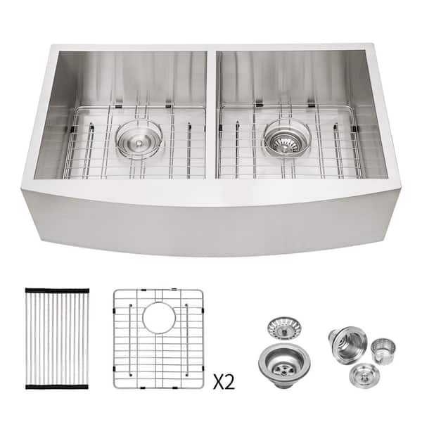 Farmhouse/Apron-Front Sink 36 in. x 20 in. Double Bowl (50/50)16 Gauge Stainless Steel Kitchen Sink in Brushed Nickel