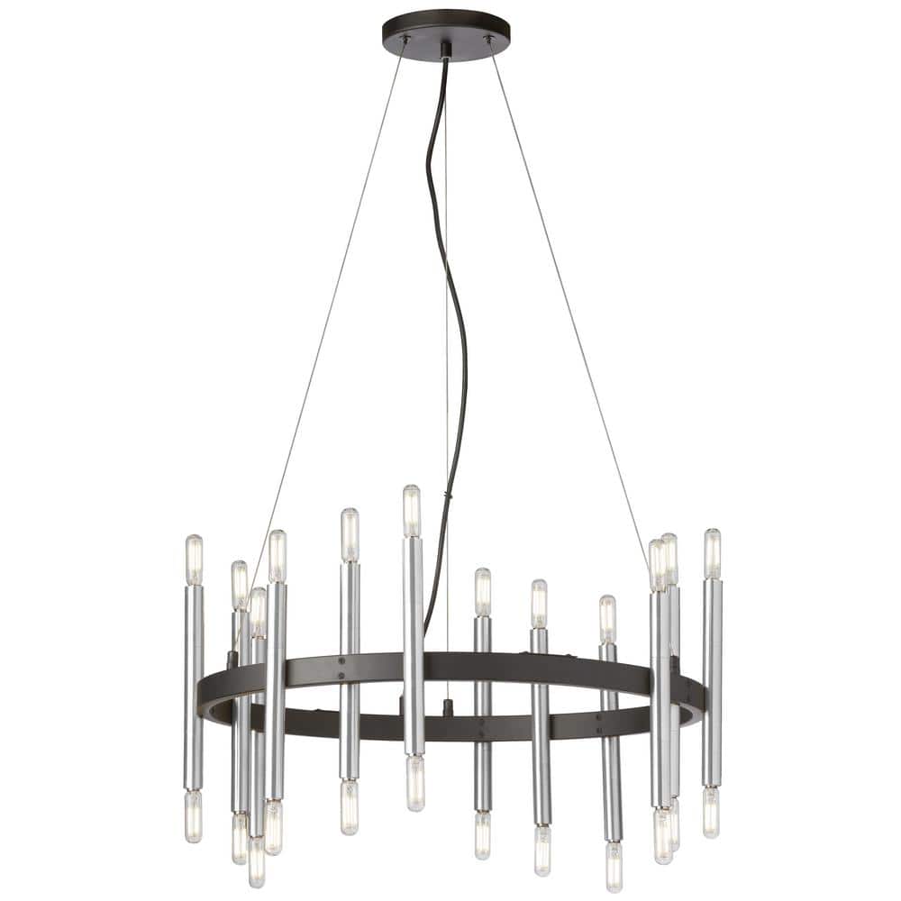 Matte Black and Chrome 24-Light Wagon Wheel Chandelier