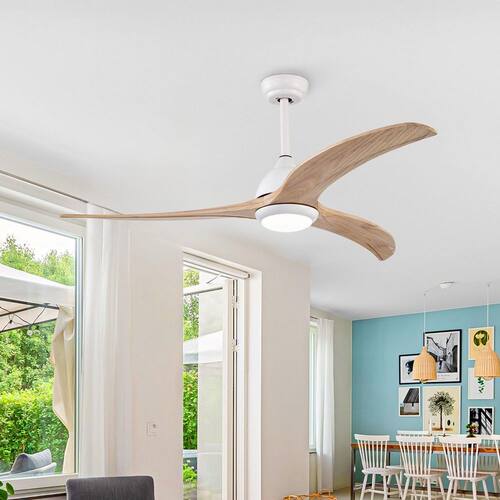 52 in. Integrated LED Indoor Matte White Ceiling Fan with Light and Remote 6-Speed DC Motor with 3 Wooden Blades Lighting