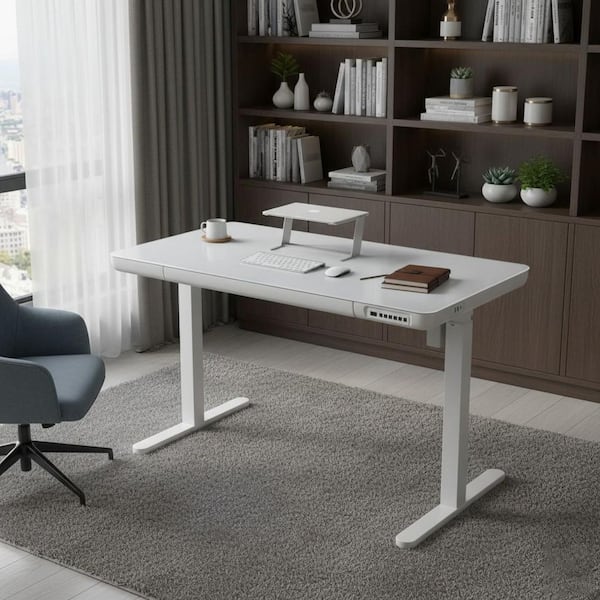 Homy Casa AIVE 48 in. Glossy White Electric Adjustable Standing Desk with Memory Presets and Storage Drawer