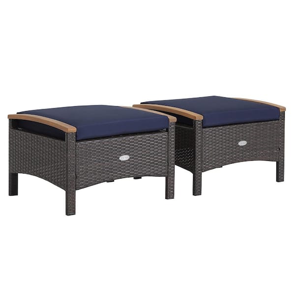 Gymax 2-Piece Wicker Outdoor Patio Ottomans Wooden Handles Rattan Knitting Foot Pedal with Navy Cushions