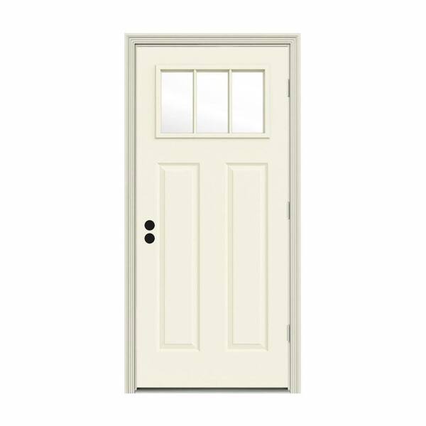 JELD-WEN 30 in. x 80 in. 3 Lite Craftsman Vanilla Painted Steel Prehung Left-Hand Outswing Front Door w/Brickmould