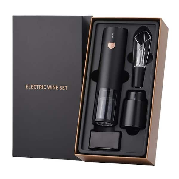 Numhew 4-Piece Black Electric Wine Bottle Opener Set with Foil Cutter, 2-in-1 Aerator Pourer, Vacuum Stopper and Gift Box