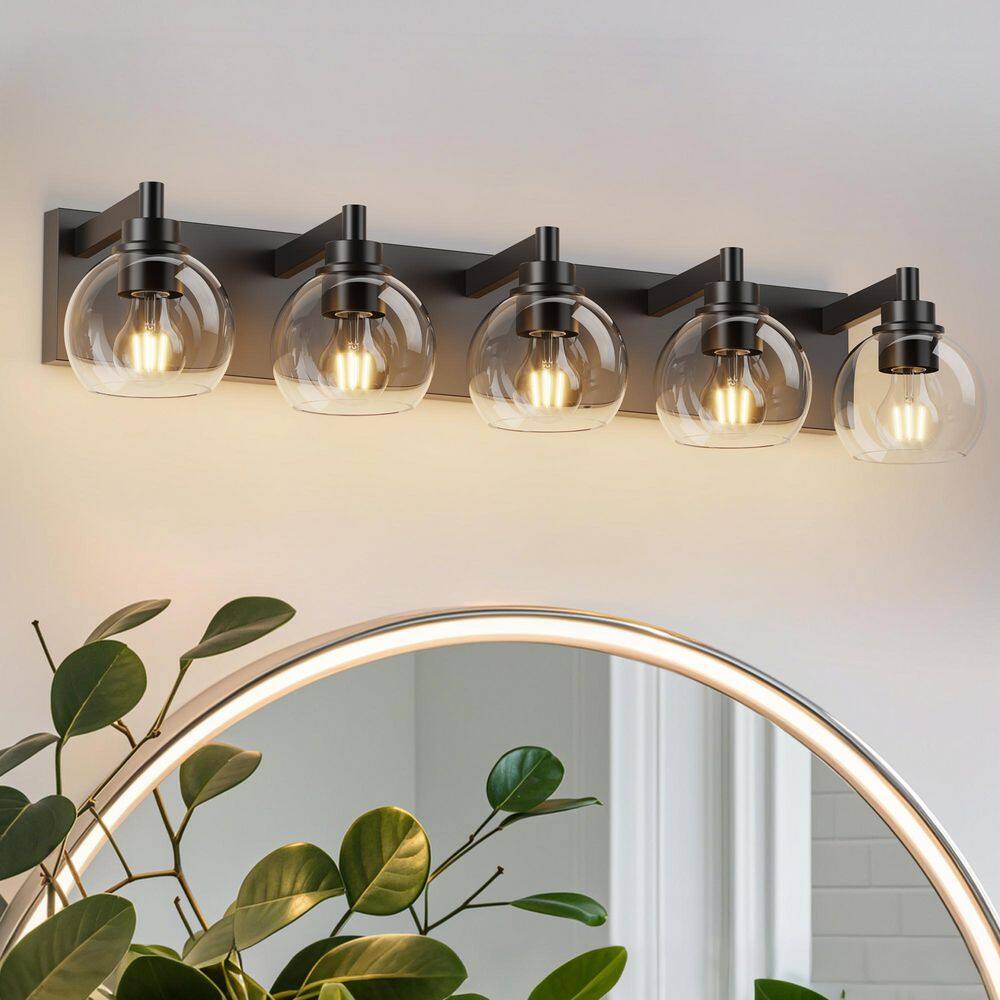 Genoci 34 in. 5 Light Black Dimmable Vanity Light with Clear Glass ...