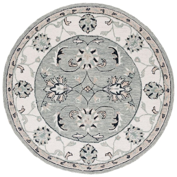 SAFAVIEH Micro-Loop Grey/Ivory 5 ft. x 5 ft. Border Persian Round Area Rug