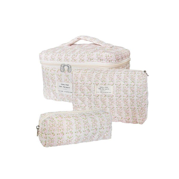 Pink Leaves Flowers Quilted Toiletry Bag Set, Large Capacity Travel Cosmetic Organizer for Women and Girls, 3-Piece
