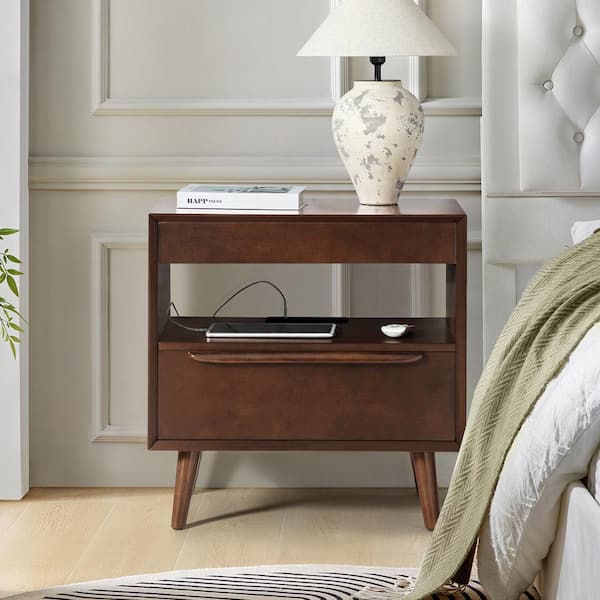 Galena Walnut Mid-Century Modern 2-Drawer Nightstand with Built-in Outlets