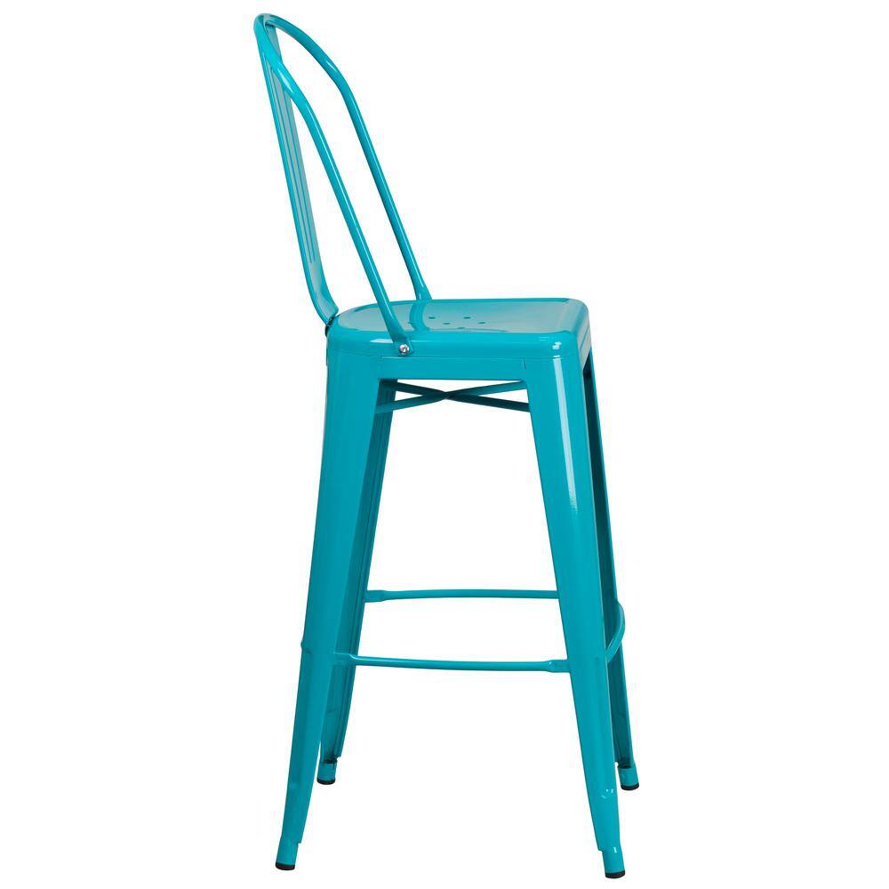 Crystal Teal-Blue Metal Indoor-Outdoor Barstool with Back