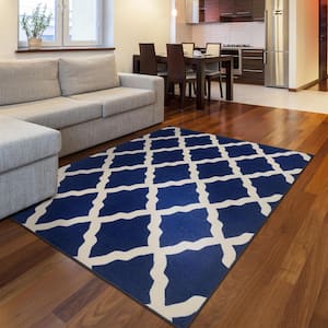 Glamour Collection Non-Slip Rubberback Moroccan Trellis Design Navy 5x7 5 ft. x 6 ft. 6 in. Indoor Area Rug
