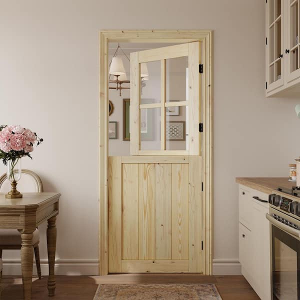 SOCBAZZAR 30in.x80in. 2-Panel Solid Wood 4-Lite Clear Glass Light Brown ...