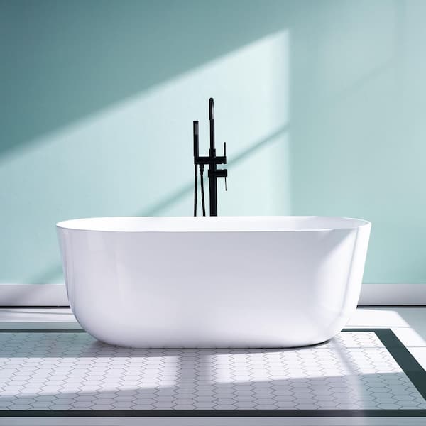 59 in. Oval Pure Virgin Acrylic Flatbottom Freestanding Soaking Bathtub in White with Drain and Overflow Included
