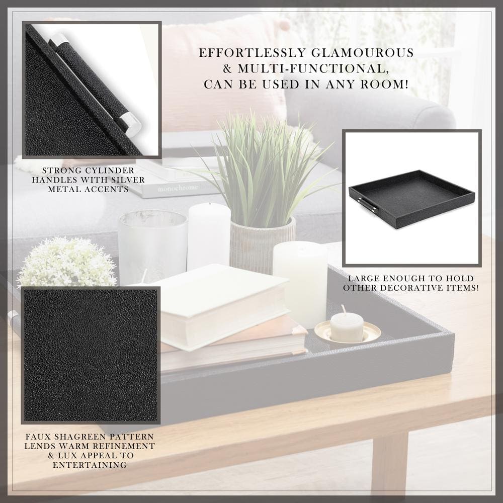 Black Shagreen Square Decorative Serving Tray with Silver Handles
