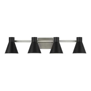 Towner 35 in. 4-Light Brushed Nickel Modern Contemporary Bathroom Vanity Light with Black Metal Shades