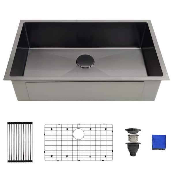 32 in. Undermount Black Single Bowl Kitchen Sink-16-Gauge Stainless Steel, with Grid, Strainer and Drying Rack