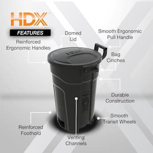 32 Gal. Black Outdoor Vented Trash Can with Wheels, Domed Lid, Rounded Handles, and Reinforced Foothold