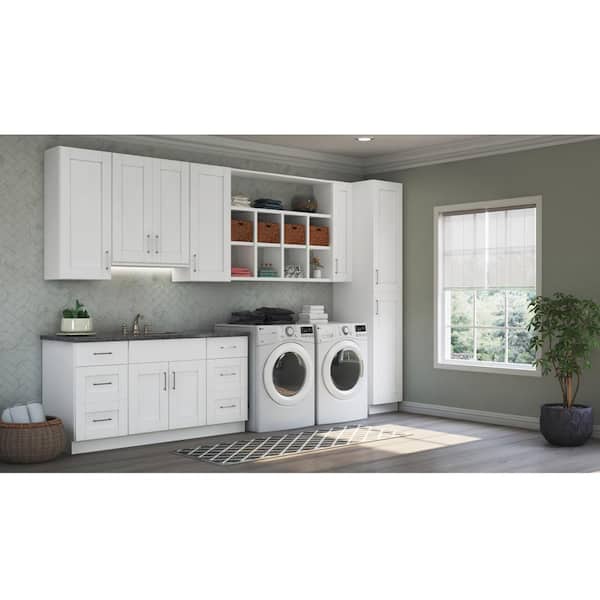 Shaker 82 in W x 24 in D x 84 in H Ready to Assemble Laundry Kit with Assembled Wall and Pantry Cabinets in Satin White