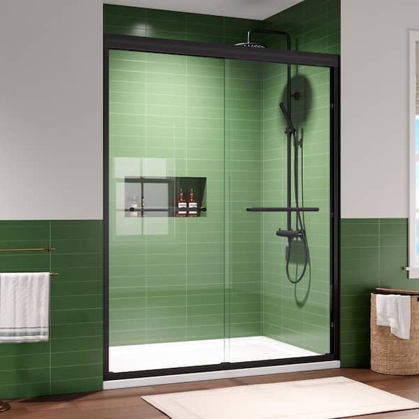 56-60 in. W x 75 in. H Semi-Frameless Double Sliding Shower Door in Matte Black Finish with Easy-Clean Glass, Towel Bar