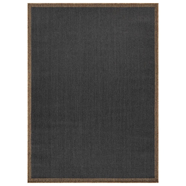 Border Dark Gray/Natural Easy-Care Jute-Style Indoor/Outdoor Flat Woven Area Rug 9 ft. x 12 ft. Dark Gray