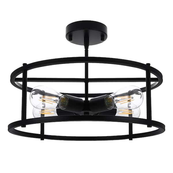 Industrial 17 in. 4-Light Black Caged Drum Semi-Flush Mount with No Glass Shade and No Bulb Included 1-Pack