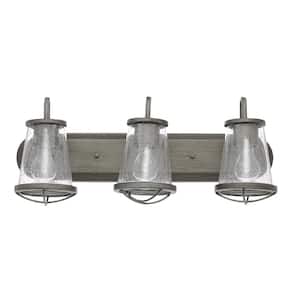 Georgina 24 in. 3-Light Weathered Iron Industrial Rustic Vanity with Clear Seeded Glass Shades and Cage Accents