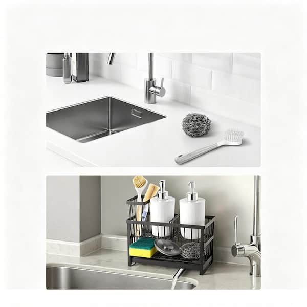 NEW Black 9.37 in. L Carbon Steel Kitchen Sink Caddy Organizer with Double Layer Storage, 360° Rotatable Drain Spout