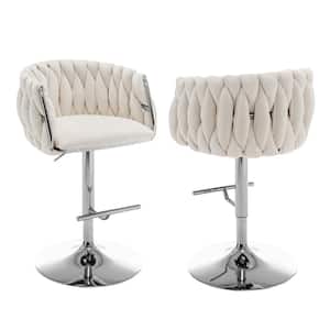 Earl 25 in. 33 in. Upholstered Cream Low Back Metal Frame Adjustable Bar Stool With Velvet Fabric (Set of 2)
