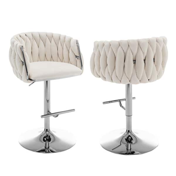 Best Quality Furniture Earl 25 in. 33 in. Upholstered Cream Low Back Metal Frame Adjustable Bar Stool With Velvet Fabric (Set of 2)