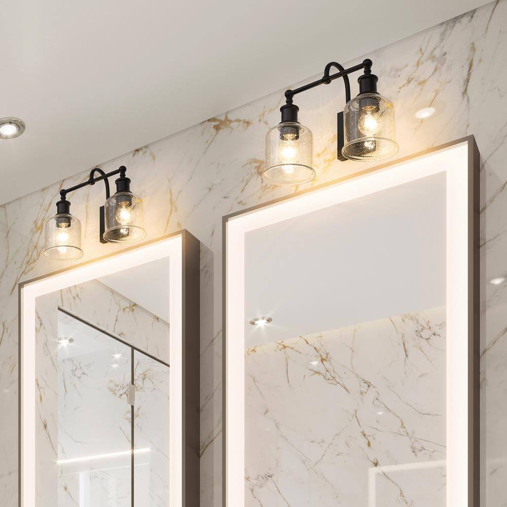 Bryant Matte Black 2-Light Vanity with Clear Seedy Glass Shades