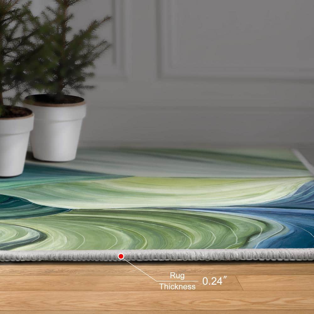 Green and Blue Leaf Pattern Washable Synthetic Area Rug 5' x 7'