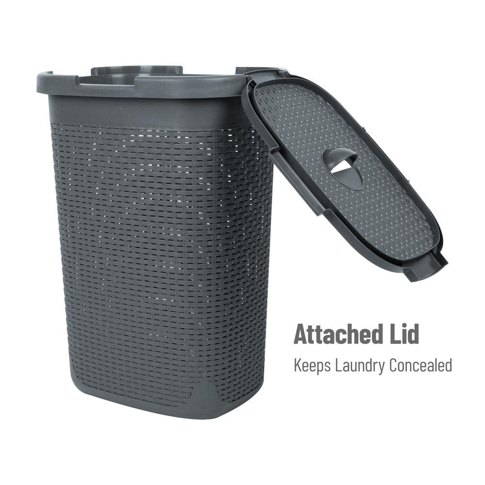 Gray Plastic Wicker Laundry Hamper with Lid and Wheels