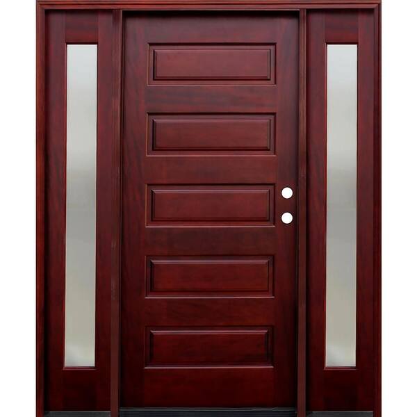 Pacific Entries 66 in. x 80 in. Contemporary 5-Panel Stained Mahogany Wood Prehung Front Door with 12 in. Mistlite Sidelites