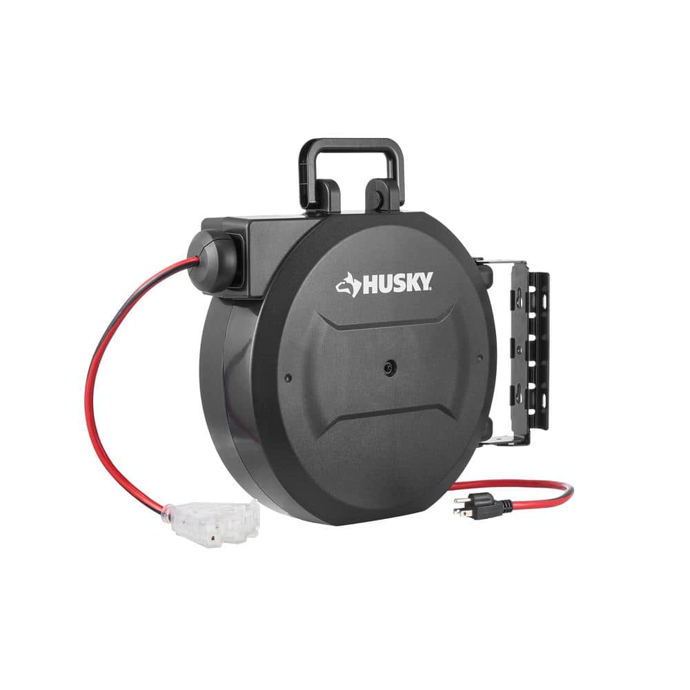 Husky 50 ft. 14/3 Medium Duty 13-Amps Indoor Extension Cord Reel with Multiple Outlet Triple Tap End, Black LTS-XP001