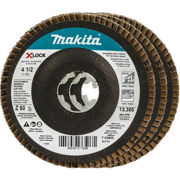 Makita X-LOCK 4‑1/2 in. 60 Grit Type 29 Angled Grinding and Polishing Flap Disc, X-LOCK and All 7/8 in. Arbor Grinders (3-Pack)