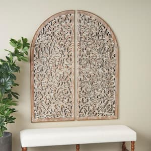 Wooden Brown Arched Floral Wall Art with Intricate Carvings (Set of 2)