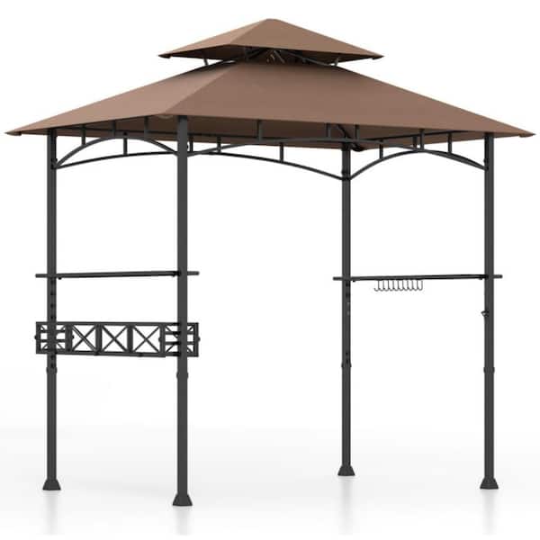 8 ft. x 5 ft. Brown Outdoor BBQ Barbecue Grill Metal Frame Tent Gazebo with 2 Side Shelves and 10 Hooks