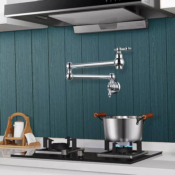 Brass Wall Mount Pot Filler with 2-Aerators and Brass Valve, Double Handle Single Hole Kitchen Faucet in Polished Chrome