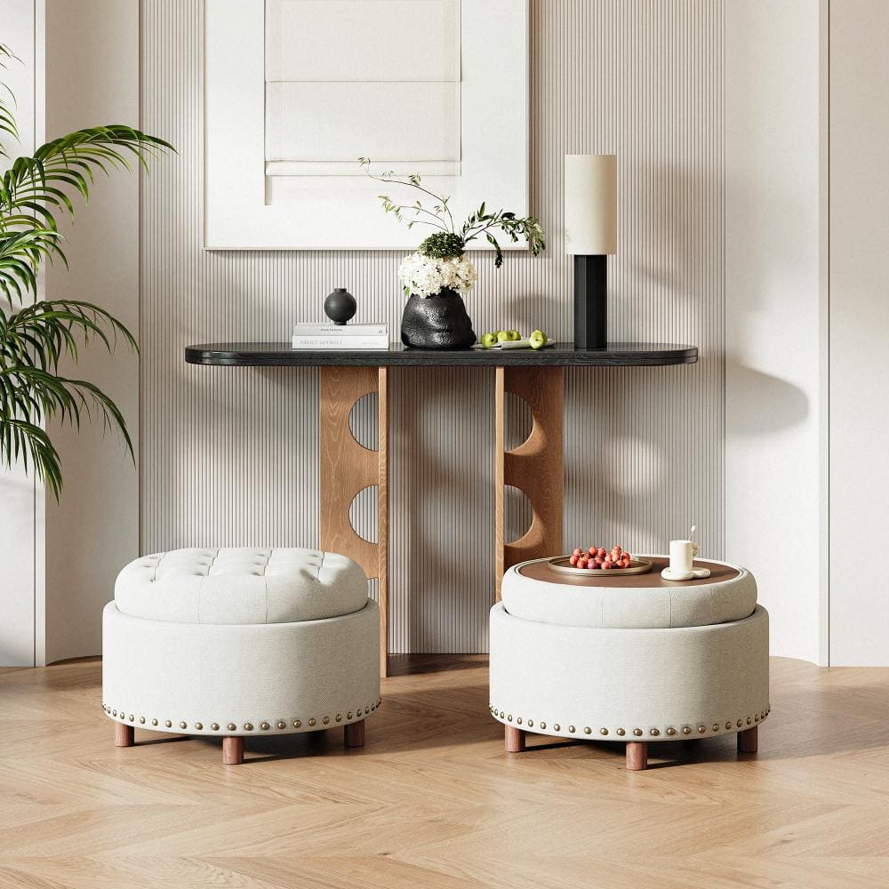 25" Round Upholstered Storage Ottoman with Tufted Cushion and Hidden Storage Compartment(Set of 2)