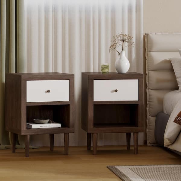Noble House Fairhall 1-Drawer Walnut and White Set of 2 Nightstand