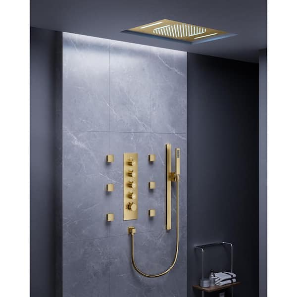 EVERSTEIN 15-Spray 23 in. L x 15 in. W LED Flush Ceiling Mount Waterfall Fixed and Handheld Shower Head in Brushed Gold