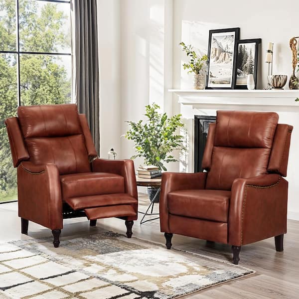 cozyman Hania Dark Reddish Brown Genuine Leather Recliner Chair Arm Chair with Rivets & Retractable Footrest( Set of 2)