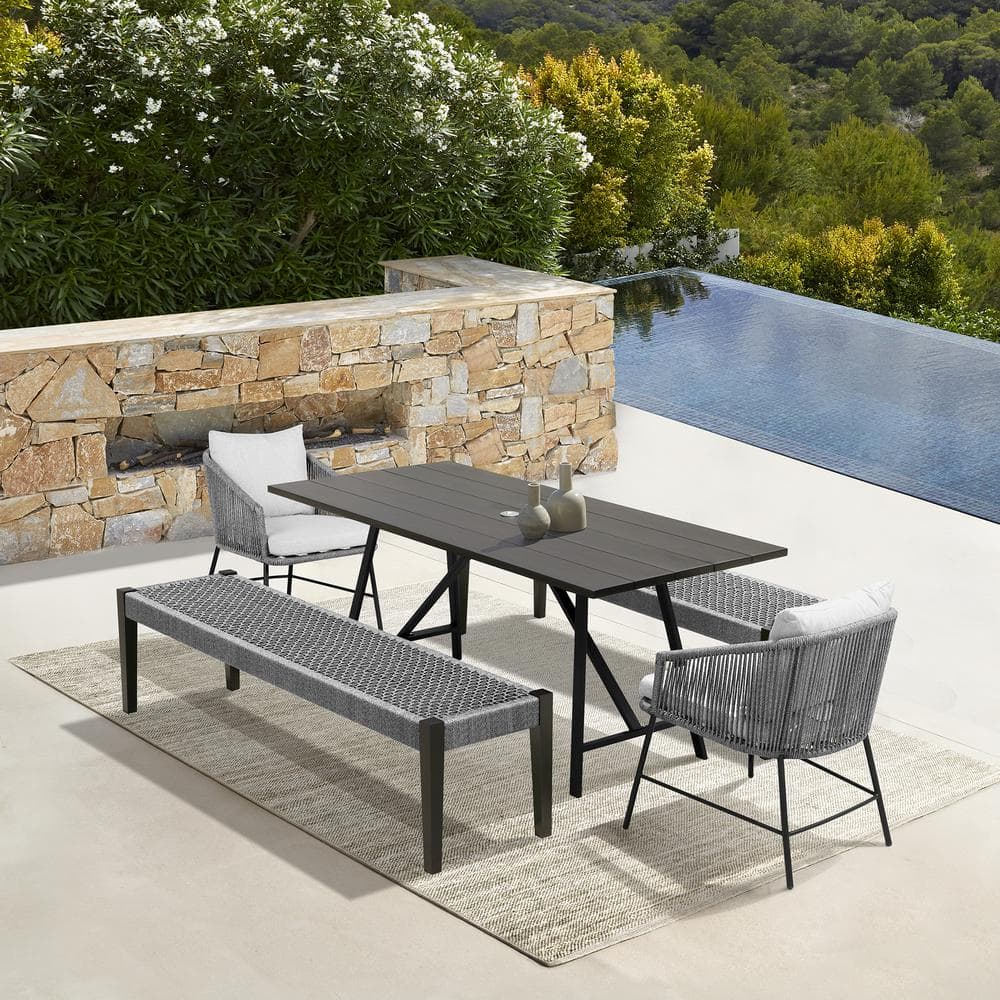 8-Person Dark Eucalyptus Wood and Gray Rope Outdoor Dining Set