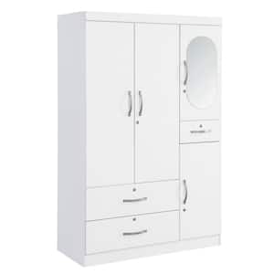 Porkliver White Wood 47 in. Wardrobe Armoires with Mirror, Hanging Rod, Drawers, Shelves 73 in. H x 47 in. W x 20 in. D