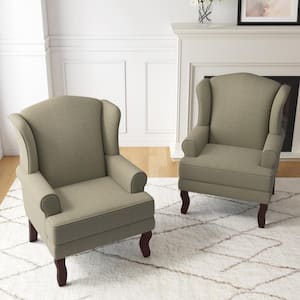 Light Camel Linen Rubber Wood Legs Upholstered Accent Arm Chair with Wingback (Set of 2)