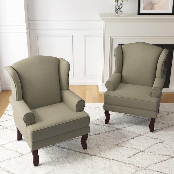 Uixe Light Camel Linen Rubber Wood Legs Upholstered Accent Arm Chair with Wingback (Set of 2)