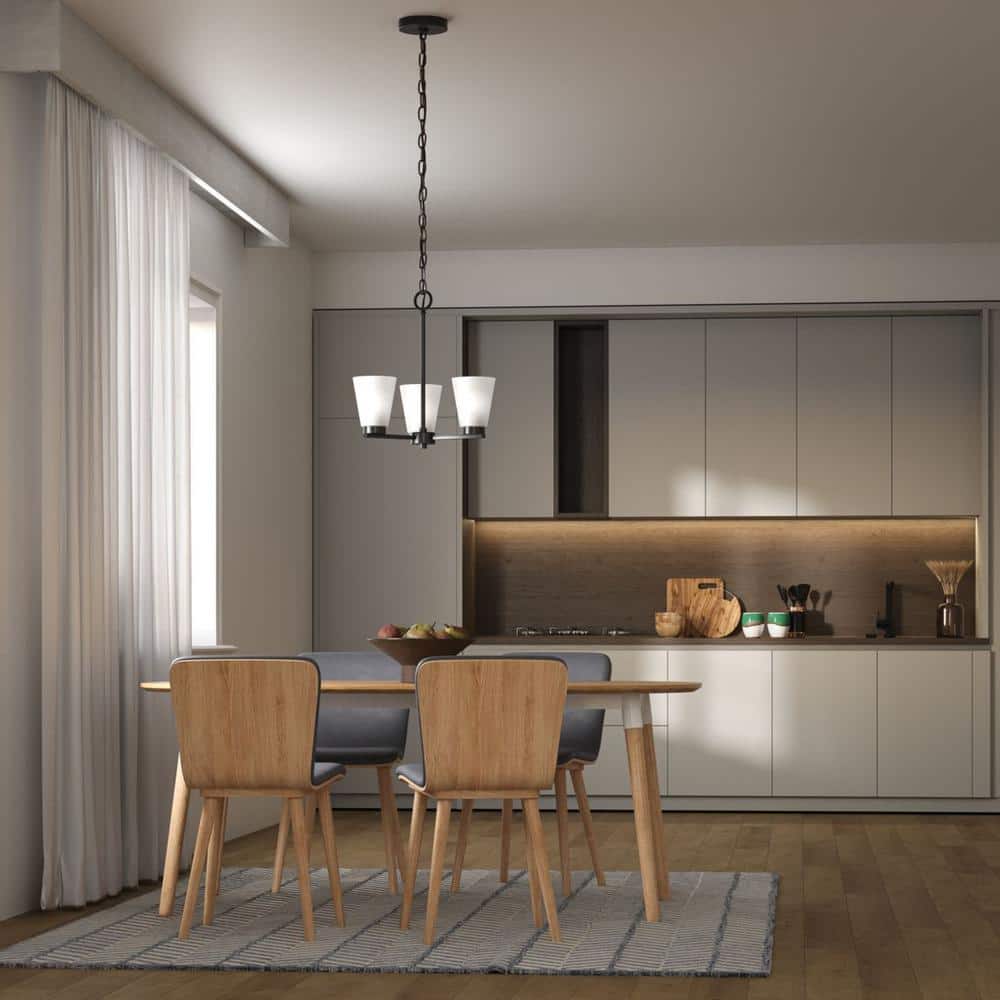 Matte Black Steel 3-Light Chandelier with Etched Glass Shades