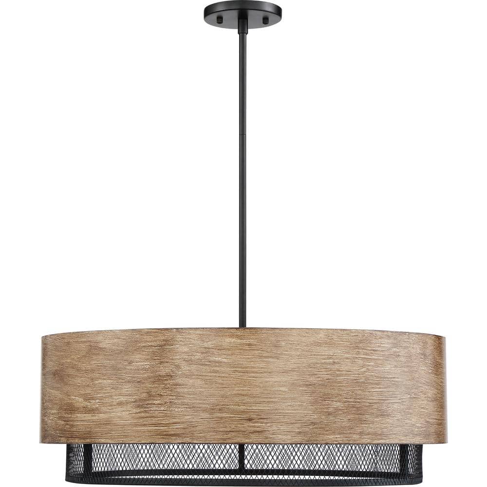 Nuvo Black and Honey Wood Drum Pendant Light